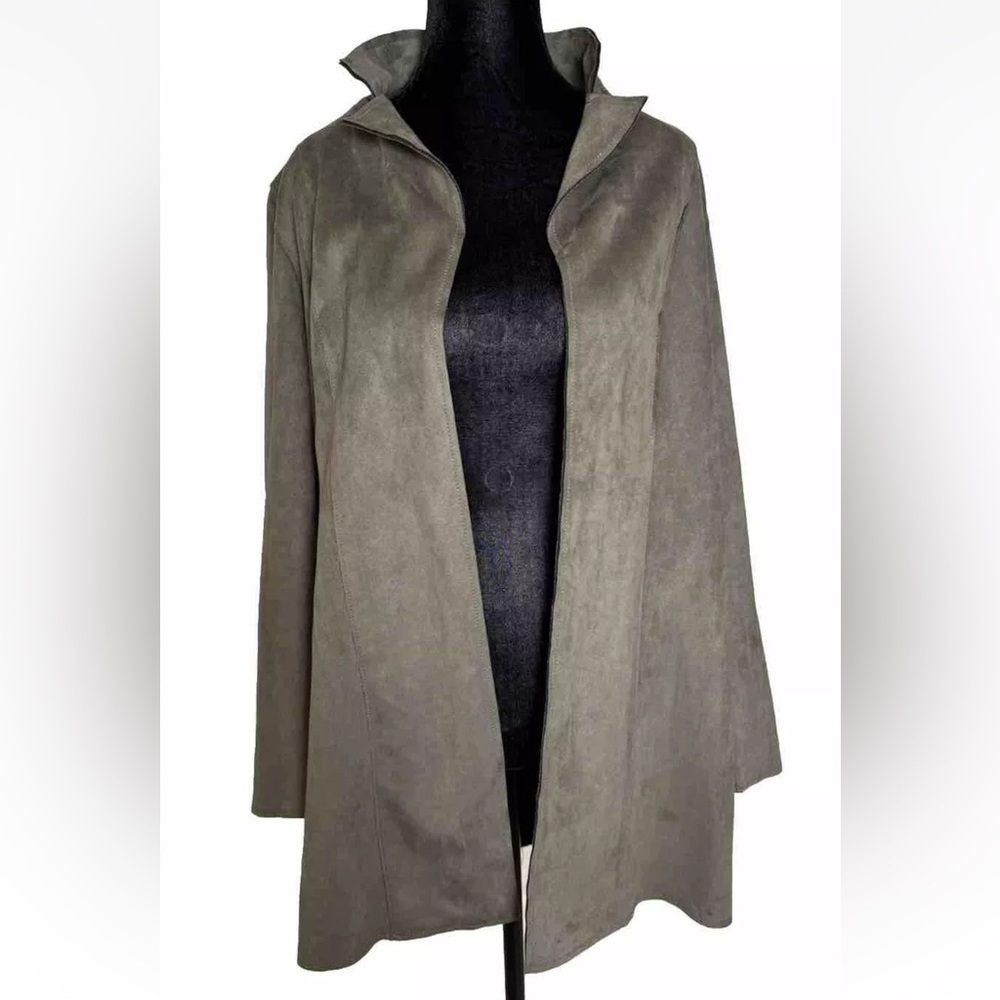Premise Faux Leather Jacket Sz S Gray Green Open Front Minimalist Long Lines EUC